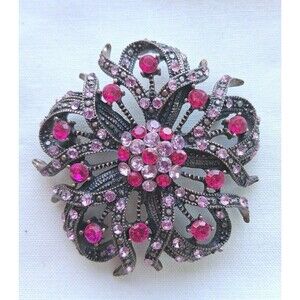Vintage Pink Rhinestone Brooch Pin Round Hot Pink & Baby Pink Stones